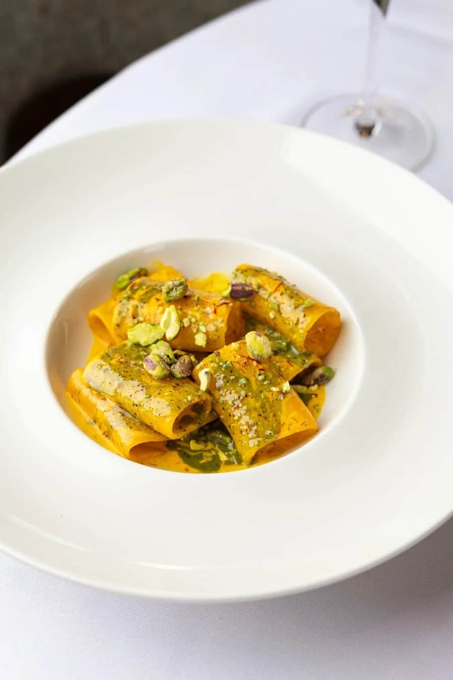 Paccheri with saffron and Bronte pistachio pesto